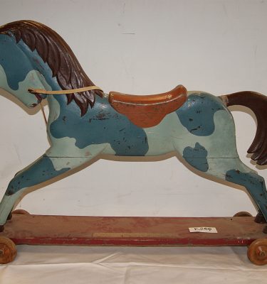 0021081 Blue Wooden Horse On Wheels ( H 71cm x 22 x 96 )