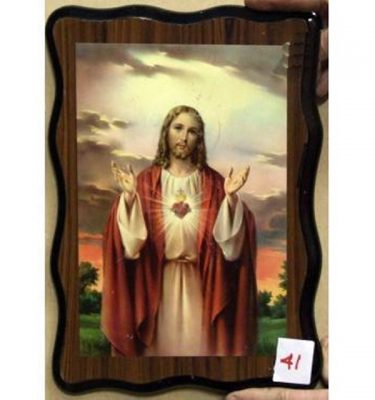Wood Plaque With Image Of Christ With Red Heart On Chest