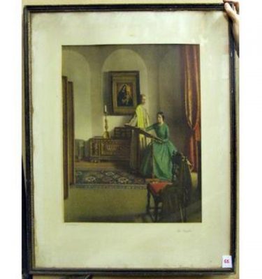 Two 19Thc Ladies In Room With Image Of Madonna And Child On Wall