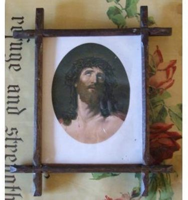 Wood Crossed Edged Frame With Portrait Of Jesus With Crown Of Thorns