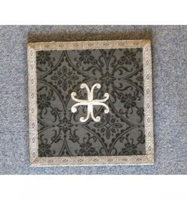 Black Damask Board Hard Back Stands Upright Silver Braid Edge And Cross 220Mm
