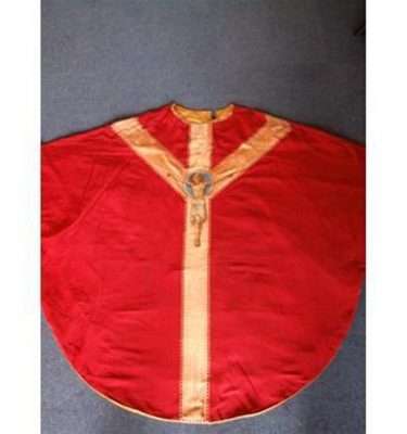 Red Fabric And Gold Braid Embroidered Image Of Jesus Priest Tunic