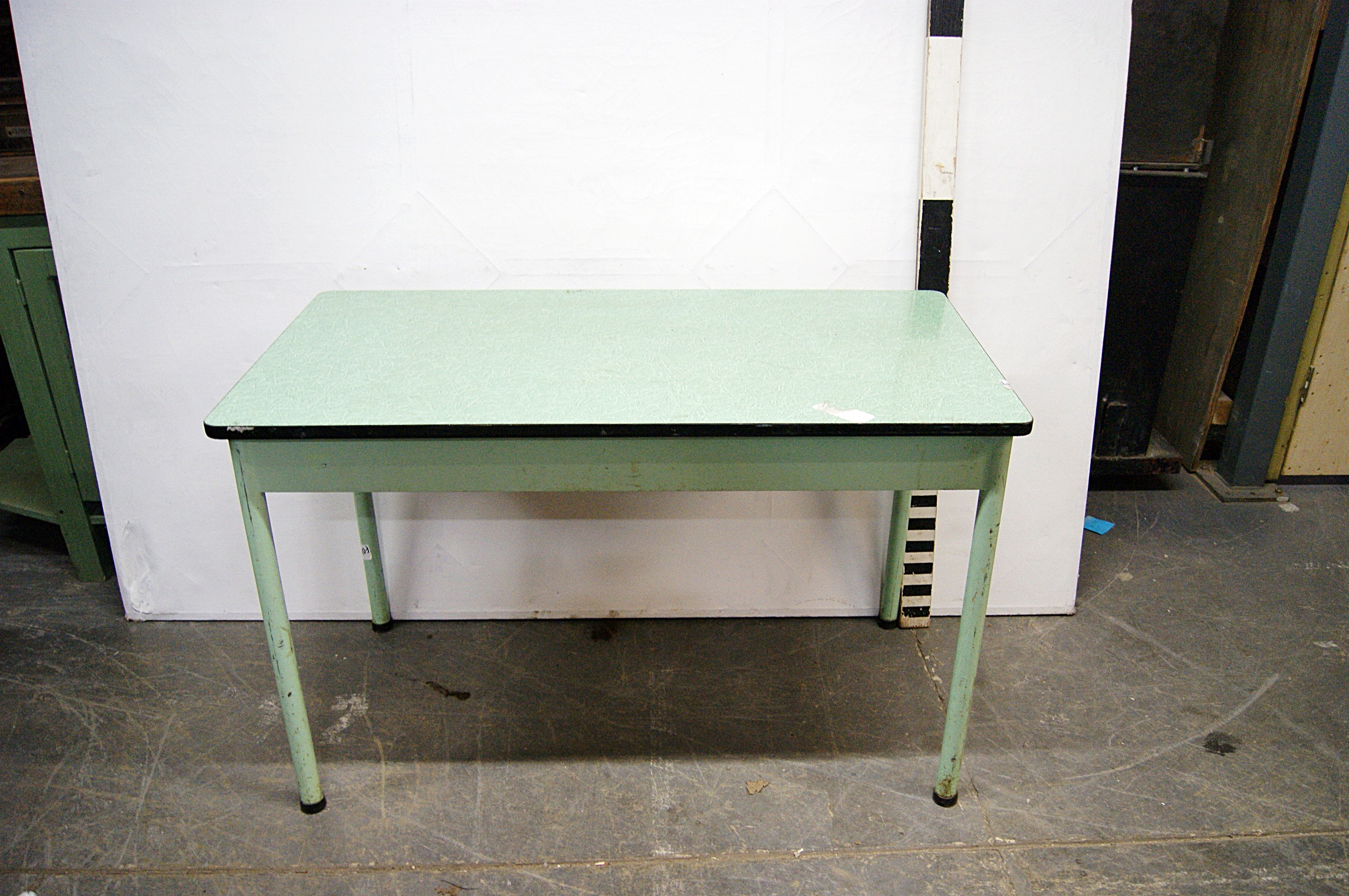 1180129 Green Formica Top Kitchen Table H 75cm X 120 X 64 Stockyard Prop And Backdrop Hire